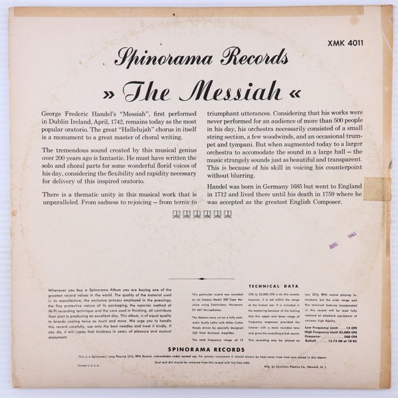 Stradivari Strings Excerpts From The Messiah 1960 LP Record 12" Spin-O XMK 4011 - Picture 2 of 16